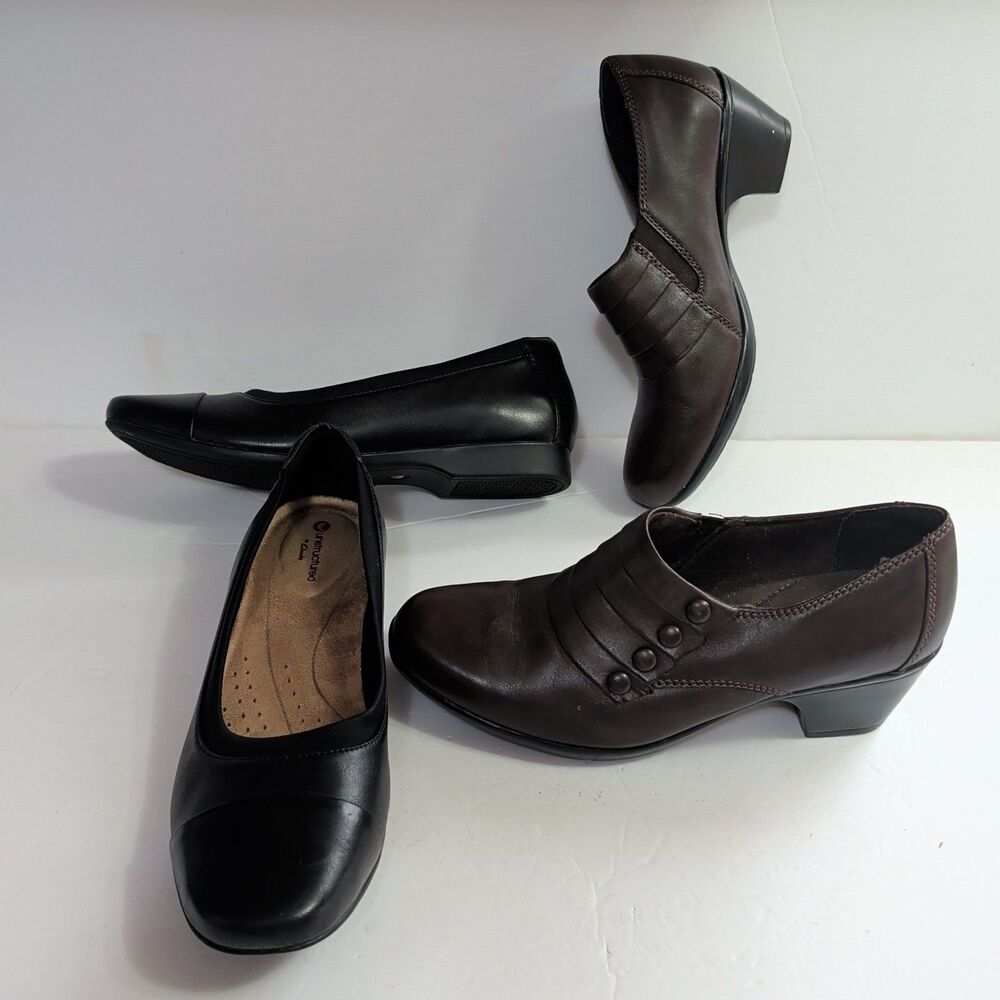 (2) Pair of Clarks,Bendables Women Brown Leather Slip 7M, Black Unstructured 7.5